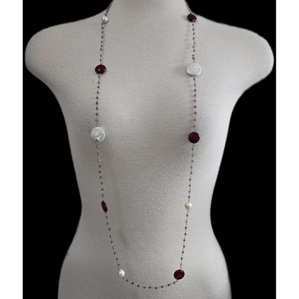Mixed Pearl Station Necklace Baroque Coin Pearl Freshwater Red Glass Long Opera